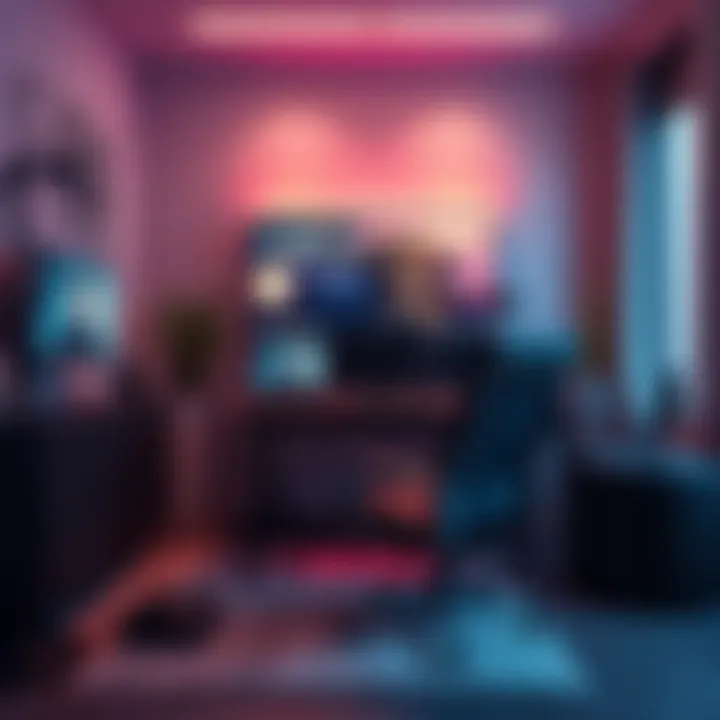 Home office setup in 2026 A modern home office with advanced technology, a comfortable chair, and a large screen displaying a video call, reflecting the future of remote work.