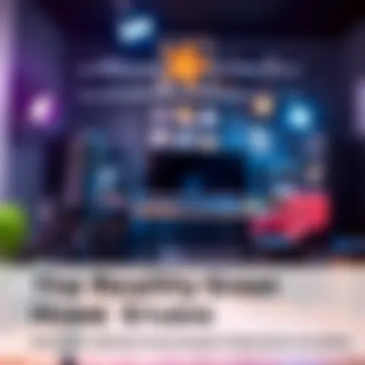 A well-organized home studio featuring a microphone, camera, and computer for video production