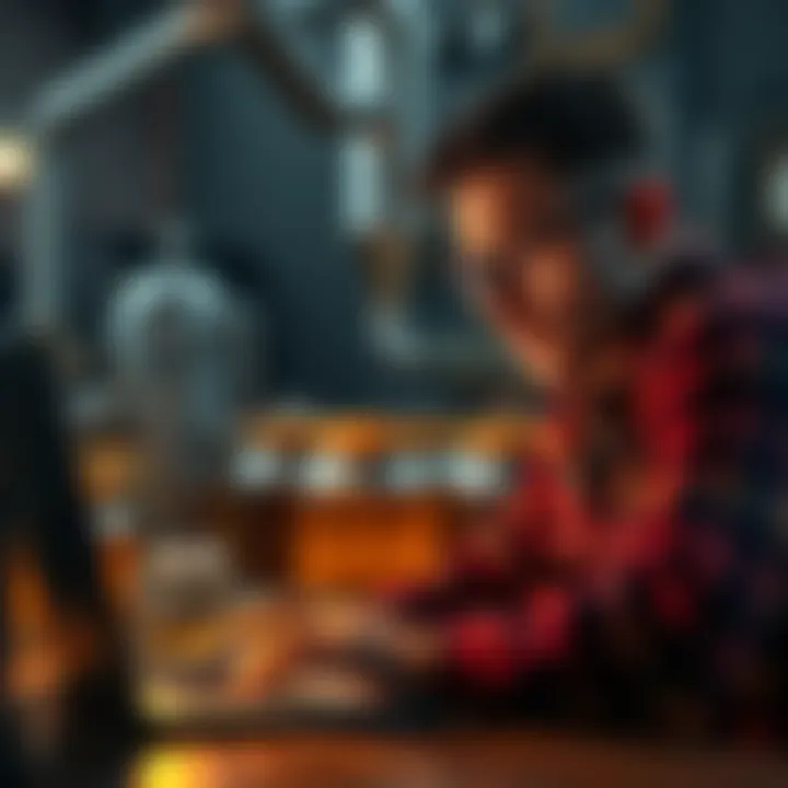 A homebrewer looking at a laptop, showing a confused expression while trying to navigate beer recipe suggestions from AI.