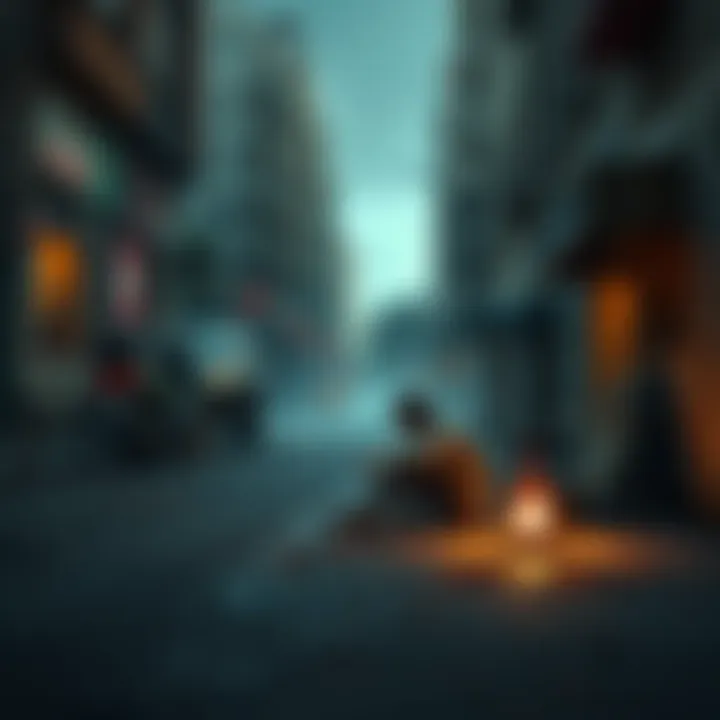 A scene from the game 'Not Today: Homeless Survival' showing a city street with a homeless character sitting against a wall, expressing struggle and resilience.