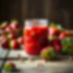 A jar of homemade strawberry jam with fresh strawberries next to it on a wooden table