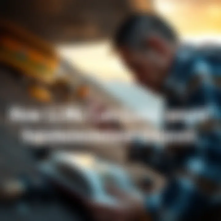 A homeowner closely examining a roof for damage, with tools and a guidebook on maintenance nearby.