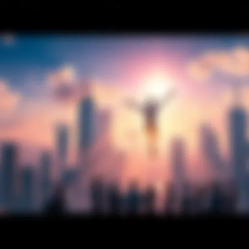 A bright city skyline with people collaborating and a digital representation of AGI in the sky, symbolizing peace and cooperation.