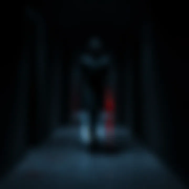A horror character with a haunting presence walking slowly down a dark corridor, creating a chilling atmosphere.
