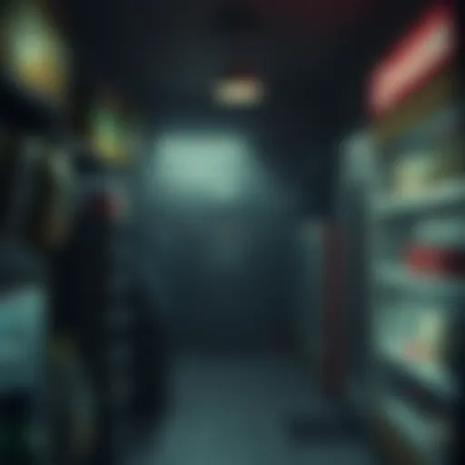 A spooky scene inside a Mexican convenience store at night, showcasing eerie shadows and unsettling items on the shelves, creating a chilling atmosphere for a horror game.