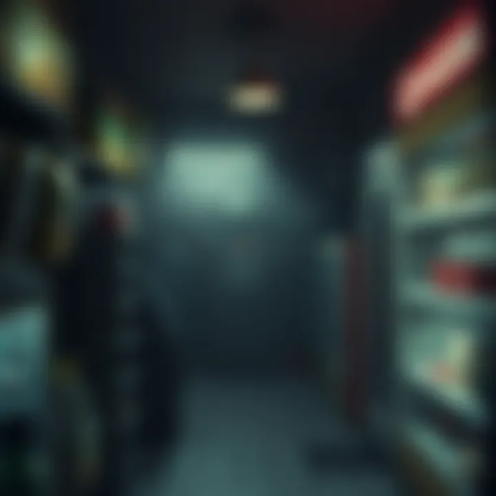 A spooky scene inside a Mexican convenience store at night, showcasing eerie shadows and unsettling items on the shelves, creating a chilling atmosphere for a horror game.