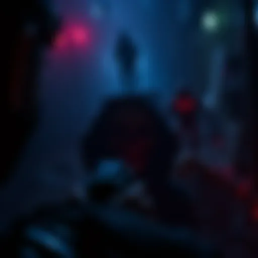 A player immersed in a dark, eerie environment filled with spooky elements, experiencing gameplay in a horror game.