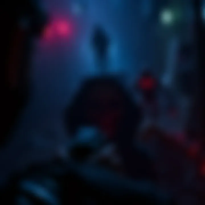 A player immersed in a dark, eerie environment filled with spooky elements, experiencing gameplay in a horror game.