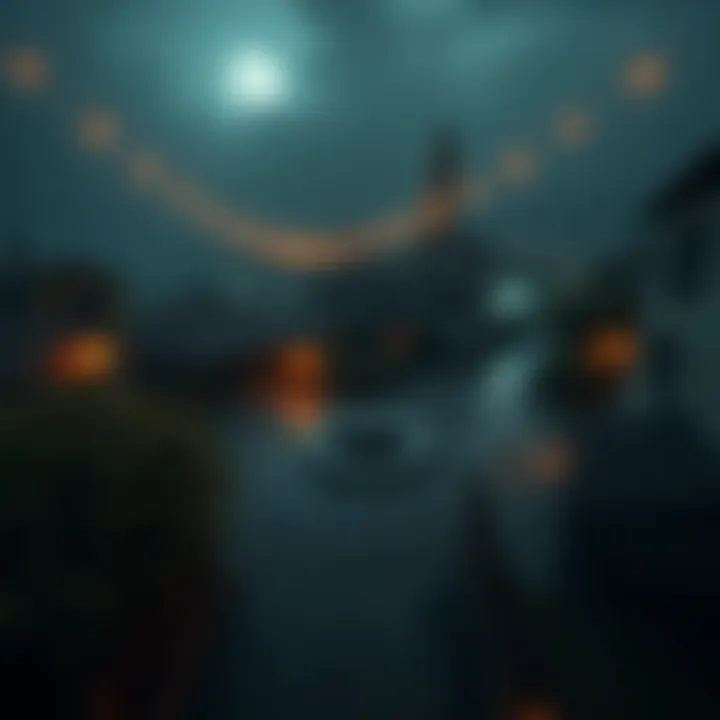 A haunting view of a small Portuguese village with dark streets and an eerie roundabout in the center, setting the mood for a horror game.
