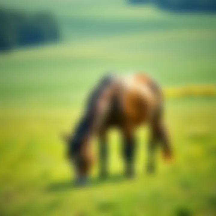 Horse grazing in a green field A beautiful horse standing in a lush green field, enjoying the sunshine and grass.