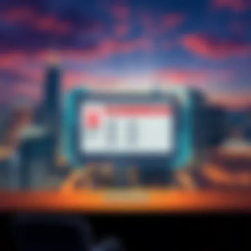 An illustration showing a digital tool displaying hotel contact information and a city skyline in the background.