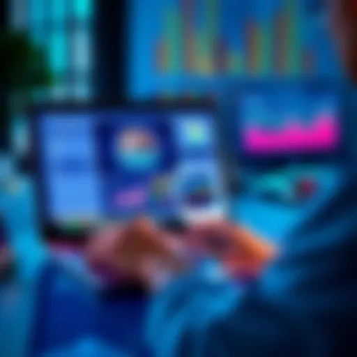 A person using a laptop to search for houses online, while charts and data visualizations show real estate trends on the screen.