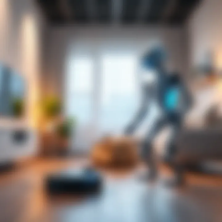 A modern robot efficiently cleaning a living room using Figure's Helix 2.5 technology, showcasing its adaptability in different home environments.