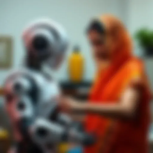 An Indian housewife interacts with a humanoid robot while performing daily chores, showcasing the connection between domestic tasks and robotics data collection.