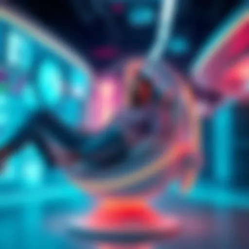 Individual sitting in a futuristic hover chair with a relaxed expression, surrounded by a digital environment that suggests inactivity and convenience.