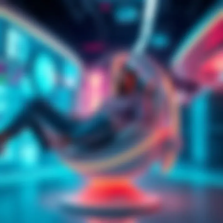 Individual sitting in a futuristic hover chair with a relaxed expression, surrounded by a digital environment that suggests inactivity and convenience.