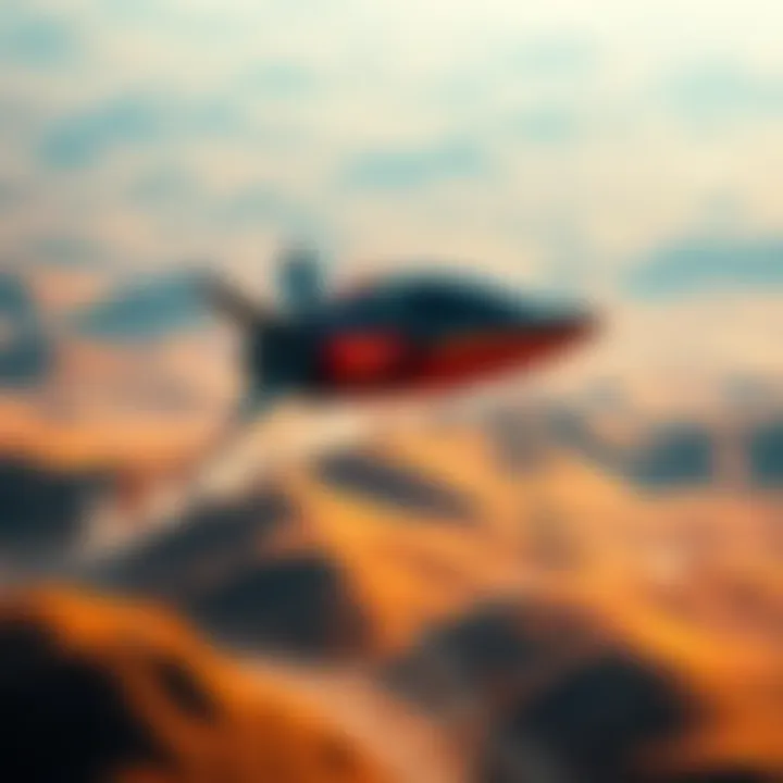 A hovercraft flying above a vivid procedurally generated landscape, showcasing wake effects in the air.