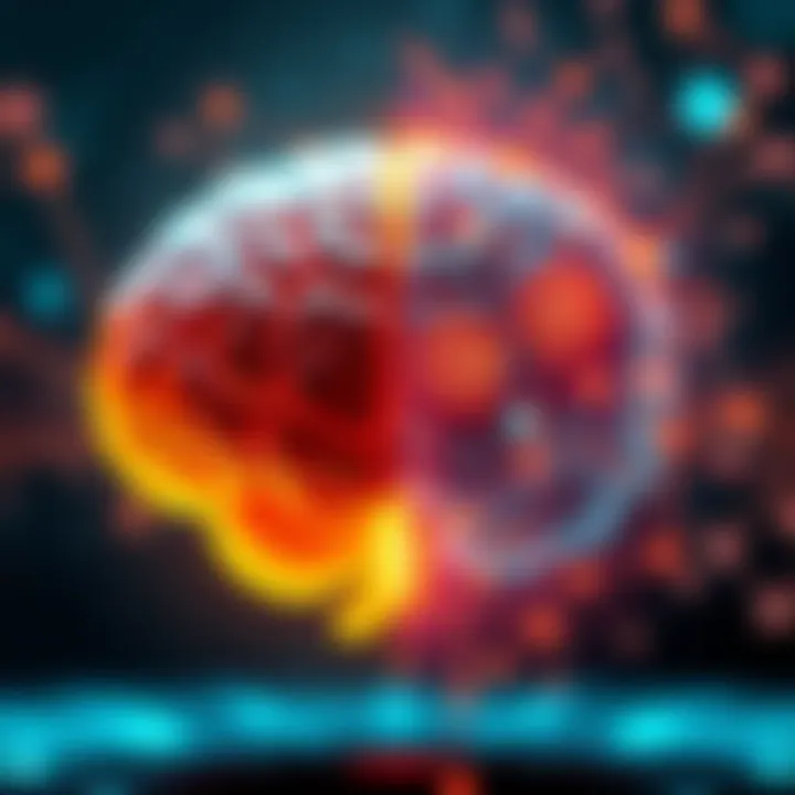 Comparison of Human Brain and AI An illustration showing a human brain on one side and a representation of AI as a network of connections on the other, highlighting similarities in patterns and predictions.