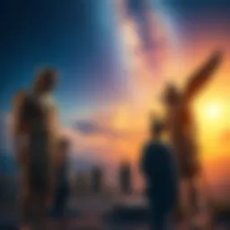 A depiction of ancient gods observing humans, symbolizing the connection and possible origin of humanity, with a background of a starry sky and ruins.