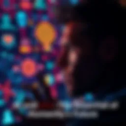 A person looking worriedly at a screen filled with AI and robotic symbols, symbolizing the impact of technology on humanity.