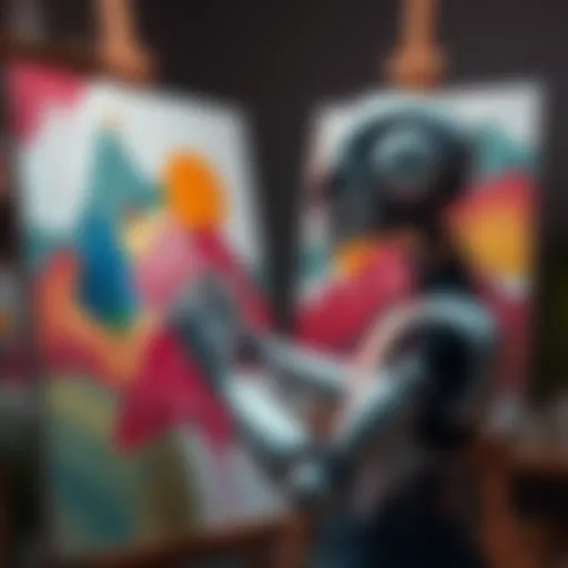 A human artist paints on a canvas while a robotic arm assists with brush strokes. The scene shows a blend of human creativity and technology.