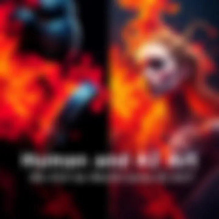 A side-by-side display of an artwork created by a human artist and an artwork generated by artificial intelligence, showcasing the differences in style and technique.