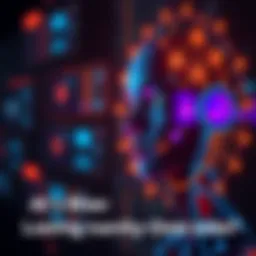 Human and AI Interaction A person looking thoughtfully at a glowing AI interface, symbolizing the connection between human thought and technology.