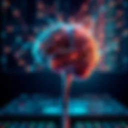 An illustration showing a human brain connected to a computer with flowing data, symbolizing the relationship between human thought and language models.