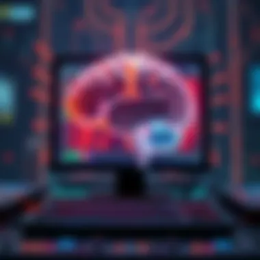 A futuristic computer displaying a human brain merging with silicon tech, symbolizing advanced computing capabilities.