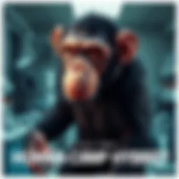 A visual representation of a human-chimp hybrid showcasing features of both species, standing in a laboratory setting with scientific equipment.