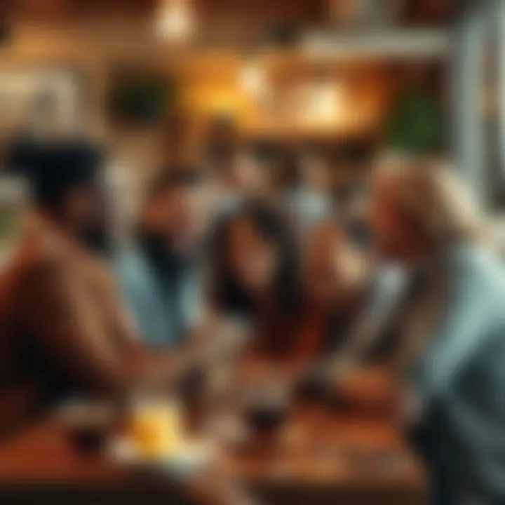 A group of diverse people laughing and interacting in a cozy café setting, showing the warmth of real human presence.