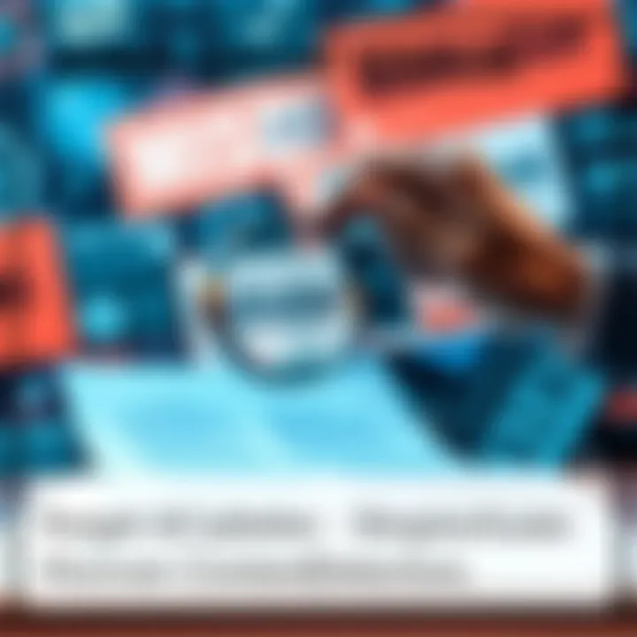 A person checking a document with a magnifying glass, symbolizing the verification of human-made content and authenticity, against a backdrop of misinformation graphics.