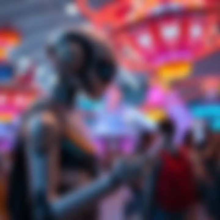A realistic android engaging with visitors at a futuristic theme park, showcasing advanced technology and immersive attractions.