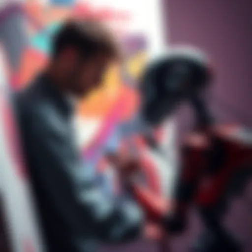 A person painting on a canvas next to a robotic arm creating art, highlighting the contrast between human creativity and machine assistance.