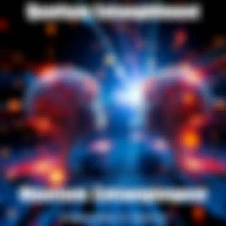 A visual representation of human brains connected by beams of light to artificial intelligence circuits, symbolizing quantum entanglement.