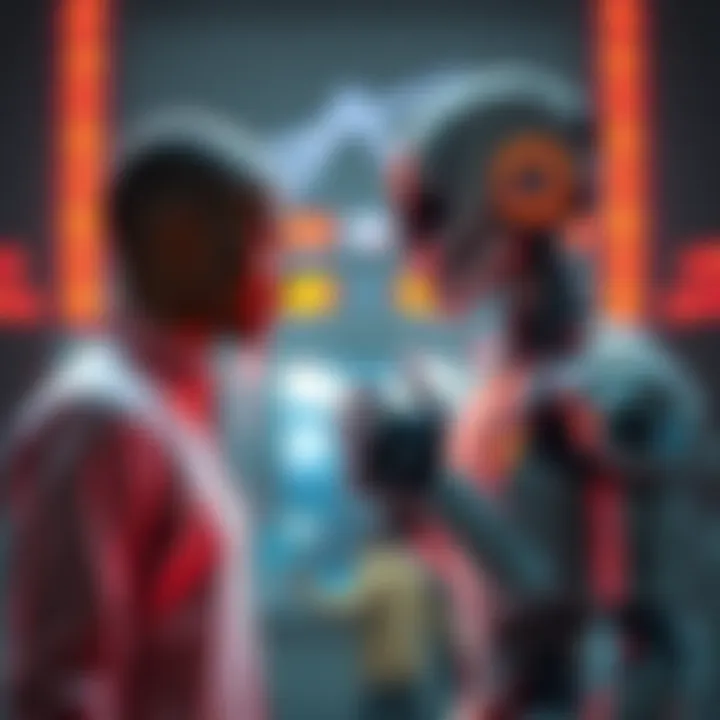 A person and a robot stand facing each other in a thoughtful pose, highlighting the relationship between humans and technology.