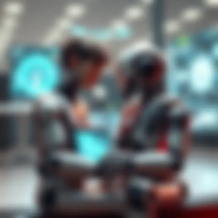 A human and a robot sitting together, looking at a screen with smart system graphics, illustrating communication and technology understanding.