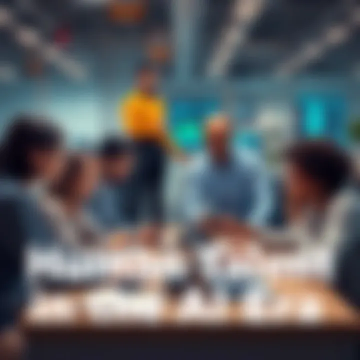Human Talent in the AI Era A diverse group of professionals collaborating in an office setting, showcasing teamwork and human skills alongside technology like computers and AI tools.