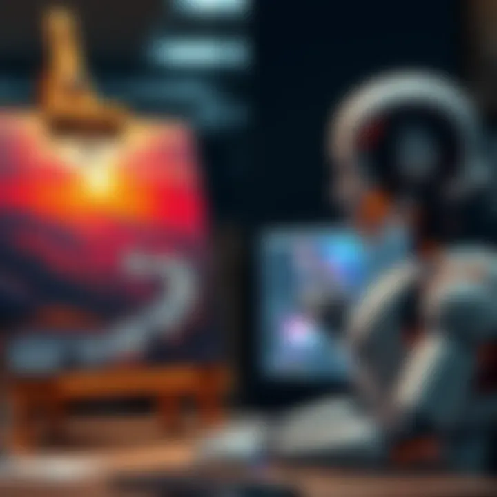 A side-by-side view of a human artist painting and a robot generating art on a computer, highlighting the difference between human creativity and AI-generated content.