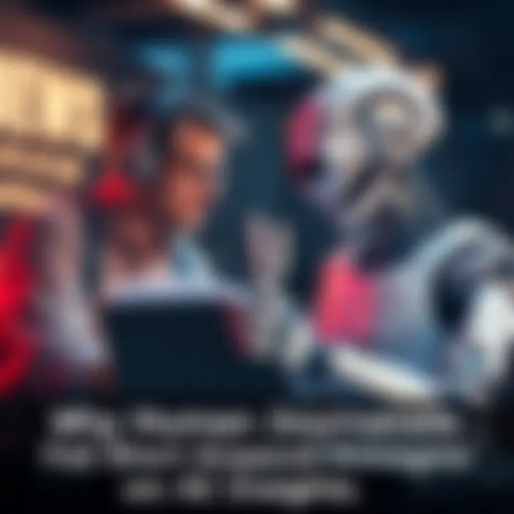 A human journalist and an AI robot discussing news articles over a laptop