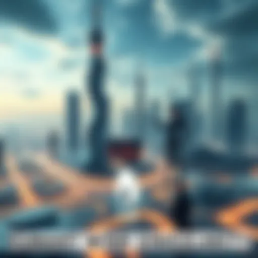 A futuristic city skyline featuring advanced technology and people interacting with robots, symbolizing humanity's evolution after the singularity.