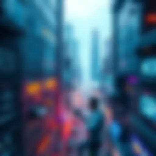 A futuristic city filled with advanced technology and AI systems, showcasing the shift from biological life to a technical existence.