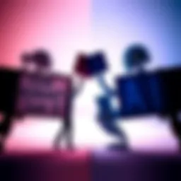 A symbolic representation of Team Humanity and Team AI facing each other, with a human figure on one side and a robot on the other, each holding signs that represent their ideals.