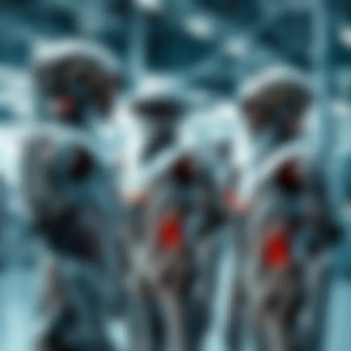 A group of humanoid robots working together in a modern factory environment, showcasing the future of robotics.