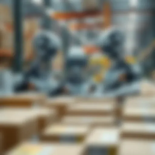 Three humanoid robots efficiently sorting a large number of packages in a logistics facility