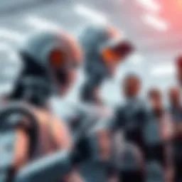 A humanoid robot interacts with a group of people discussing artificial intelligence and future technology advancements.