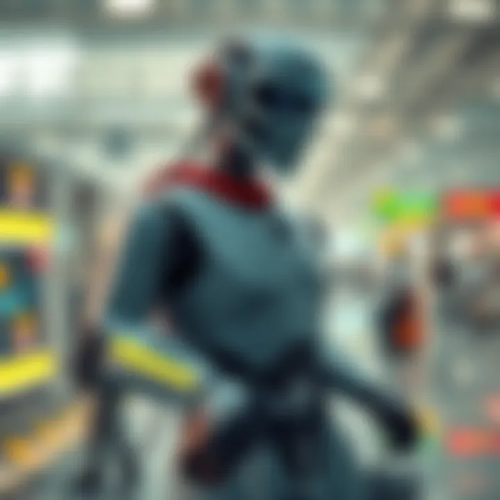 A humanoid robot assisting with baggage handling at an airport terminal.