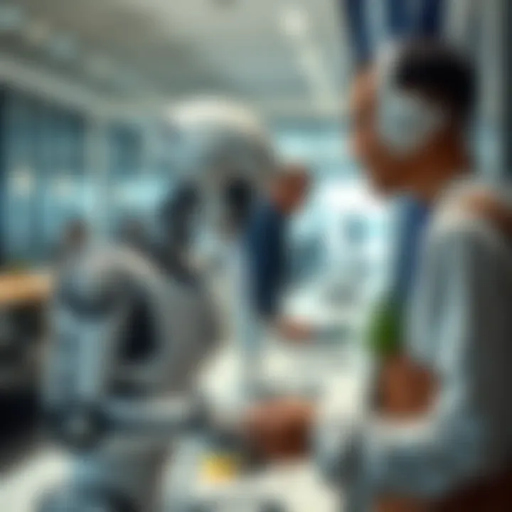 A humanoid robot helping a person with daily tasks in a modern environment.