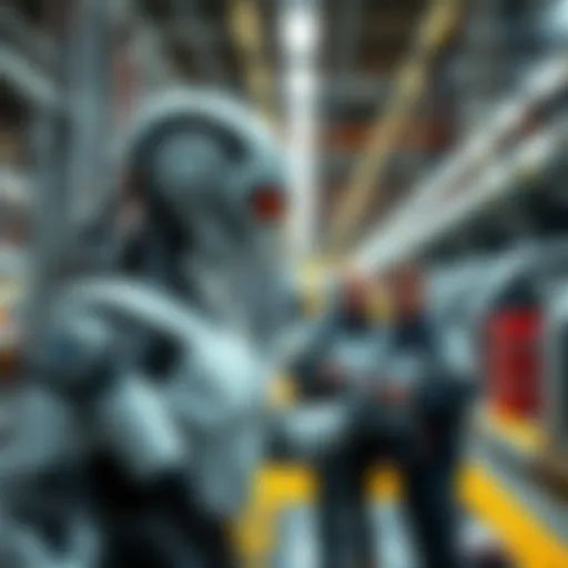 A humanoid robot working alongside engineers in a BMW manufacturing facility, showcasing advanced technology in car production.