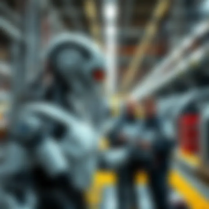 A humanoid robot working alongside engineers in a BMW manufacturing facility, showcasing advanced technology in car production.